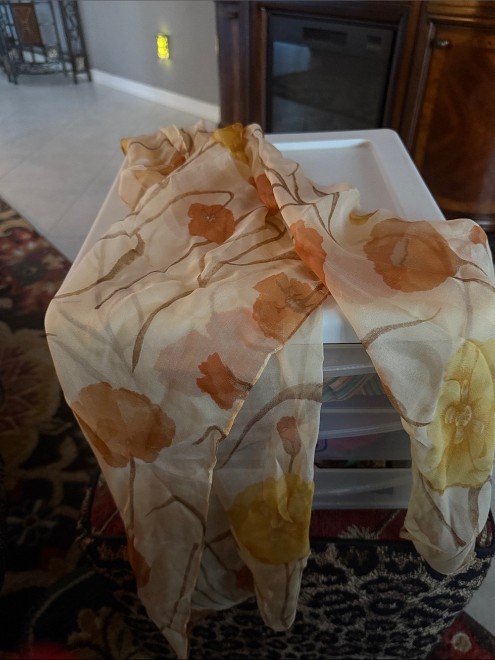 Art of Silk Sheer Floral Scarf in Peach & Yellow